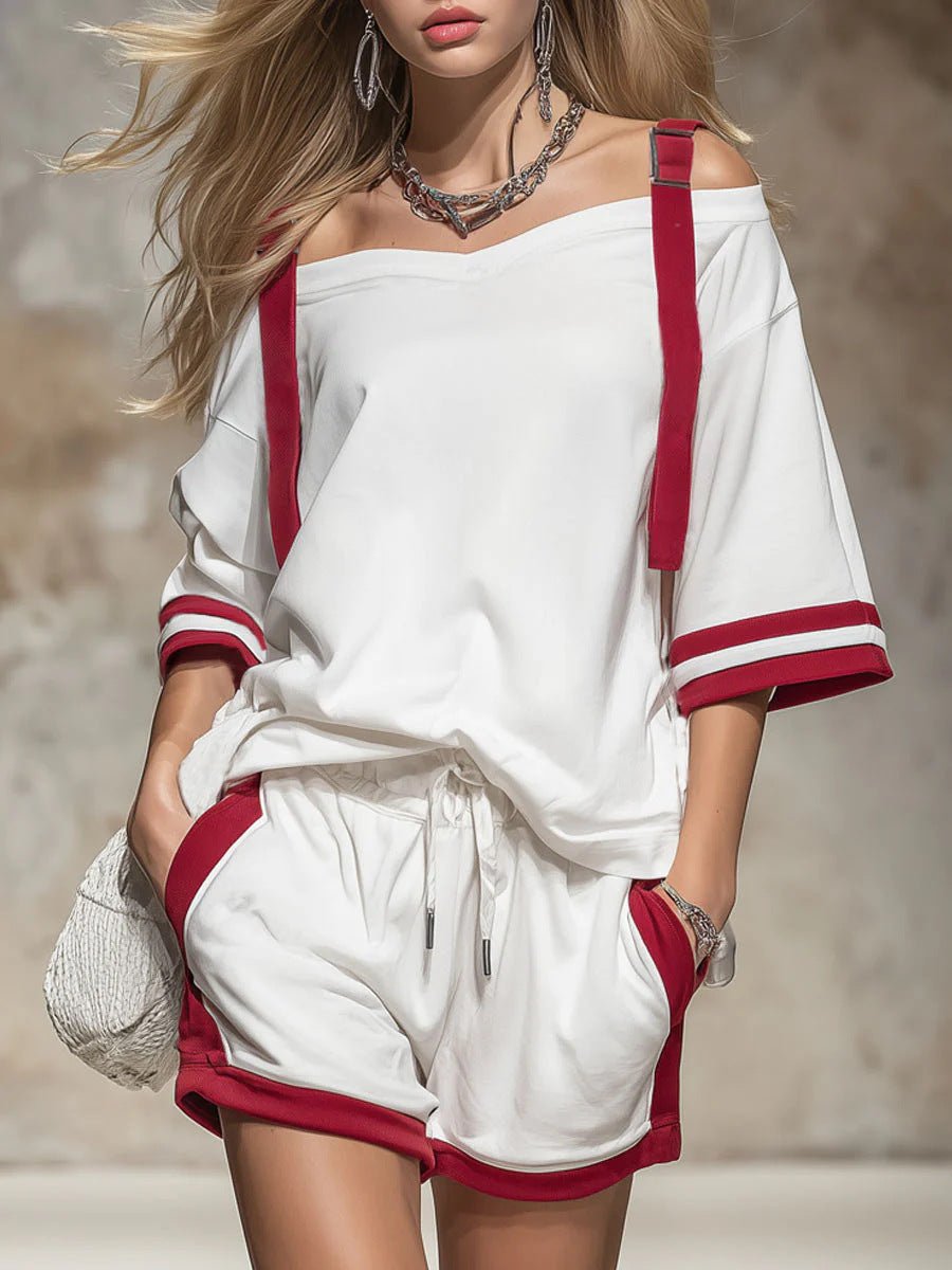 Women's summer contrast color-block patchwork shorts set by FitiqueFit, featuring a stylish two-piece casualwear outfit with vibrant design.