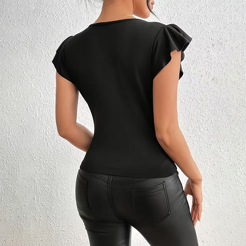 Women’s summer ruffle mesh panel top by FitiqueFit, short sleeve slim fit casual tee blouse with ruffle detailing.