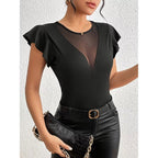Women's summer ruffle mesh panel top by FitiqueFit, short sleeve slim fit casual tee blouse with ruffle details.