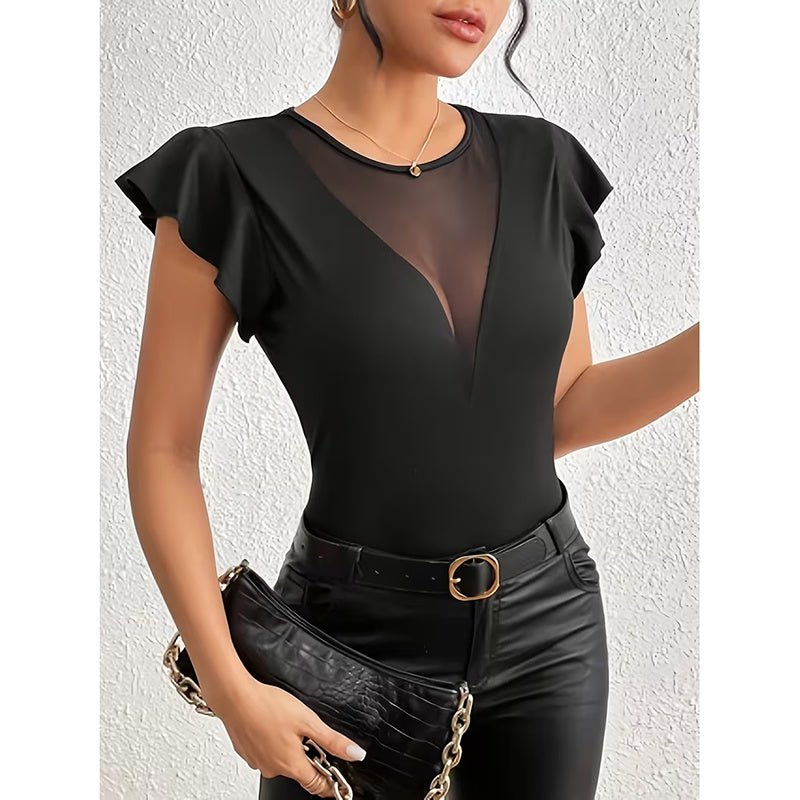 Women's summer ruffle mesh panel top by FitiqueFit, short sleeve slim fit casual tee blouse with ruffle details.