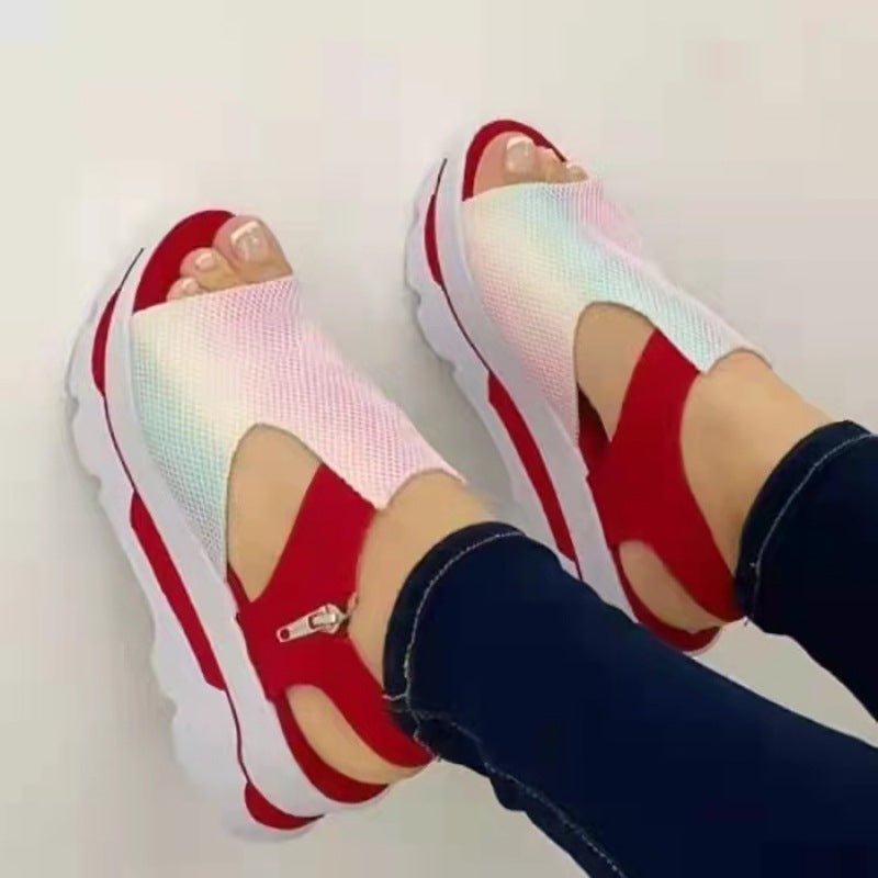 Women's thick sole fish mouth fly woven casual beach shoes with soft soles from LadyShow.Store.