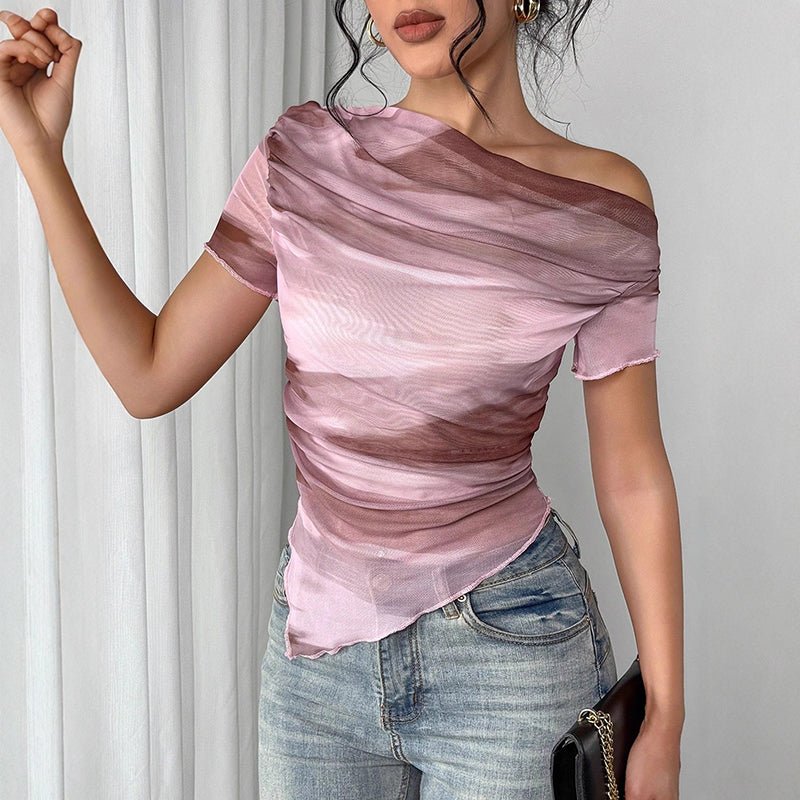 Women’s tie-dye one-shoulder mesh ruched top by FitiqueFit, featuring an asymmetrical design and stretch fabric for stylish casual wear.