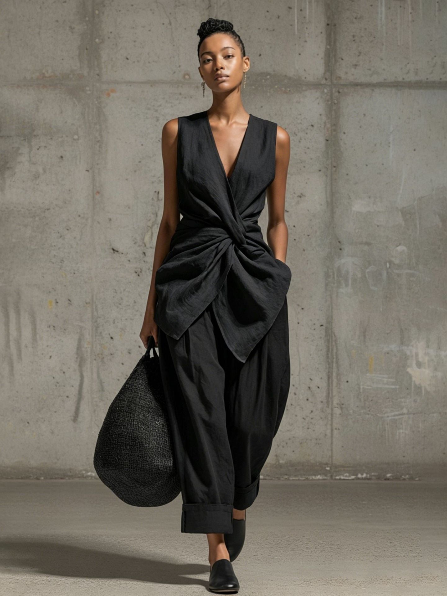 Women's casualwear set featuring a sleeveless tie-front V-neck top and wide-leg pants by FitiqueFit.