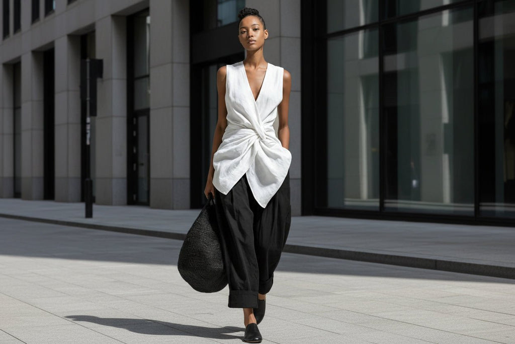 Women's casualwear set featuring a tie-front V-neck sleeveless top and wide-leg pants by FitiqueFit, shown on a model.