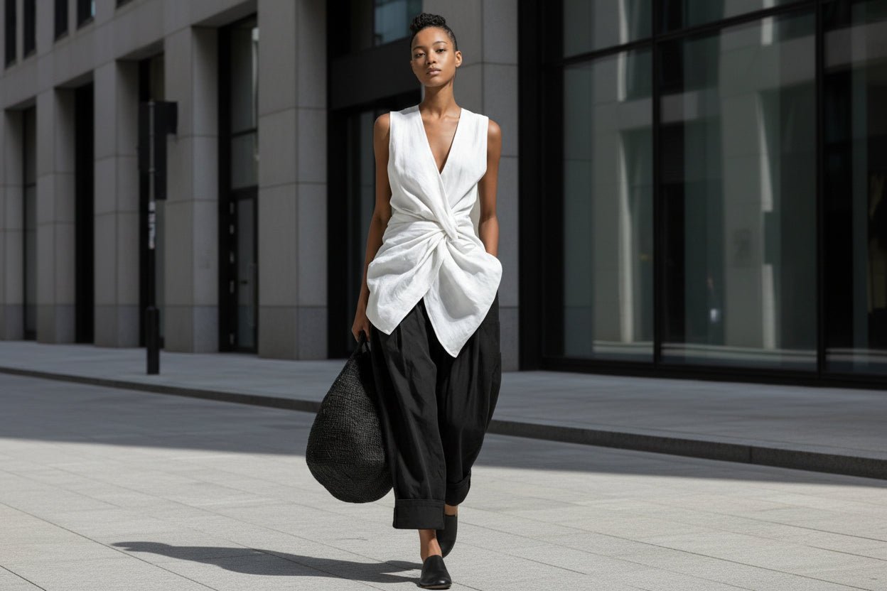 Women's casualwear set featuring a tie-front V-neck sleeveless top and wide-leg pants by FitiqueFit, shown on a model.