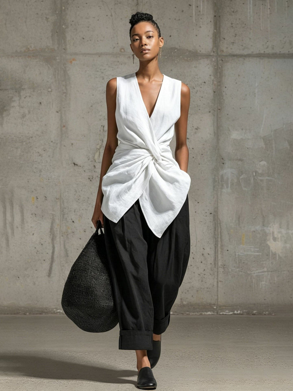 Women's tie-front V-neck sleeveless top and wide-leg pants set by FitiqueFit, shown together as casualwear ensemble.