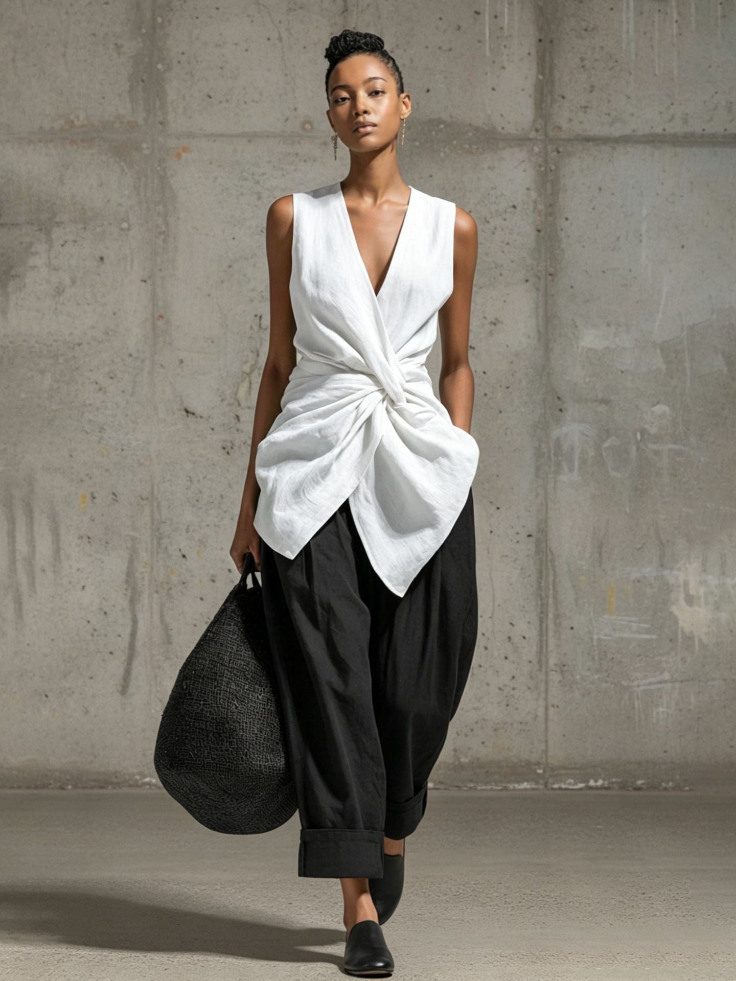 Women's tie-front V-neck sleeveless top and wide-leg pants set by FitiqueFit, shown together as casualwear ensemble.