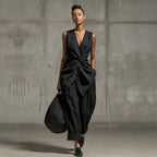 Women's casual tie-front V-neck sleeveless top and wide-leg pants set by FitiqueFit, featuring a stylish, relaxed fit.