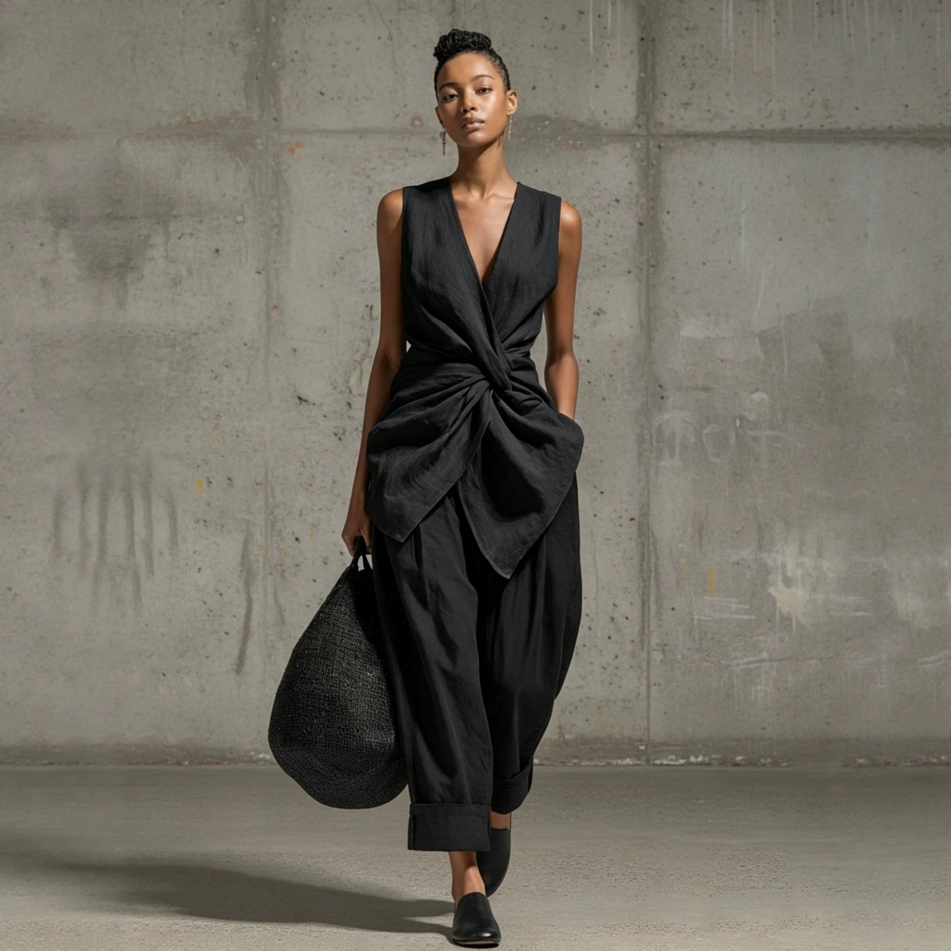 Women's casual tie-front V-neck sleeveless top and wide-leg pants set by FitiqueFit, featuring a stylish, relaxed fit.