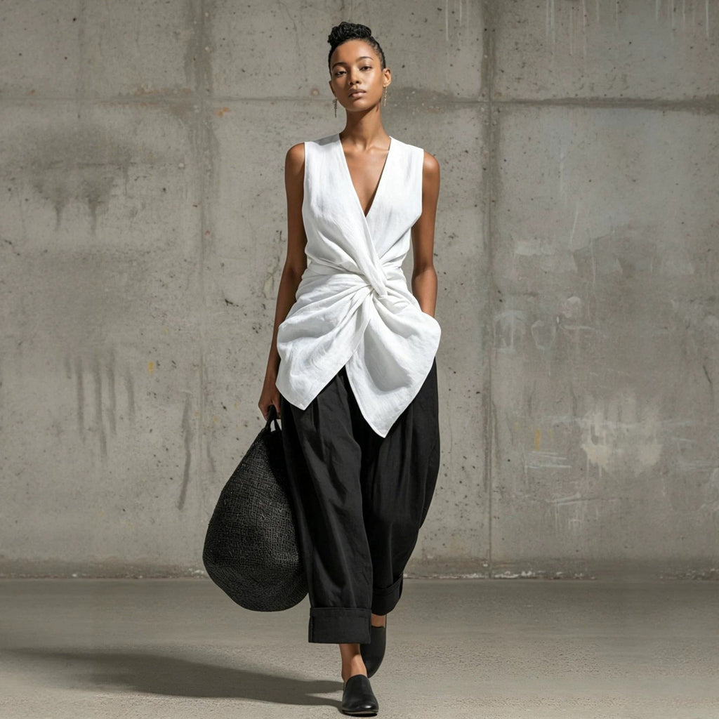 Women's casualwear set by FitiqueFit with a tie-front V-neck sleeveless top and wide-leg pants, stylish and comfortable for everyday wear.