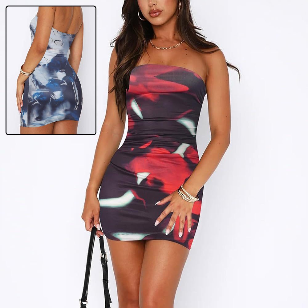 Women's printed pleated tube top dress with a pullover style and hip wrap design, ideal casualwear by FitiqueFit.
