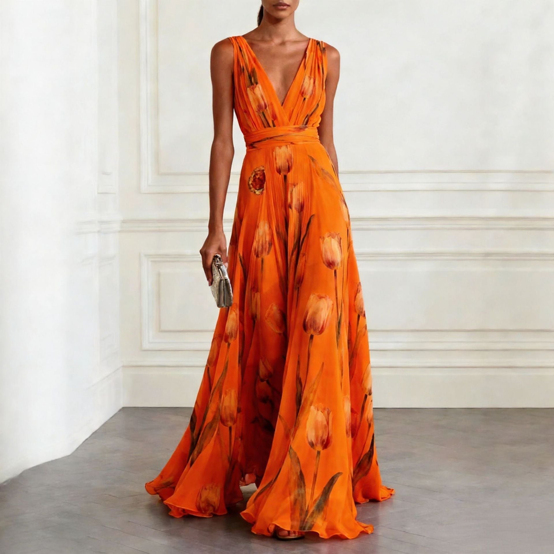 Women's tulip print sleeveless V-neck A-line maxi dress by FitiqueFit in seven colors, featuring a flowy silhouette and vibrant floral pattern.