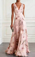 Women's tulip print sleeveless A-line maxi dress by FitiqueFit featuring a deep V-neck in seven colors.