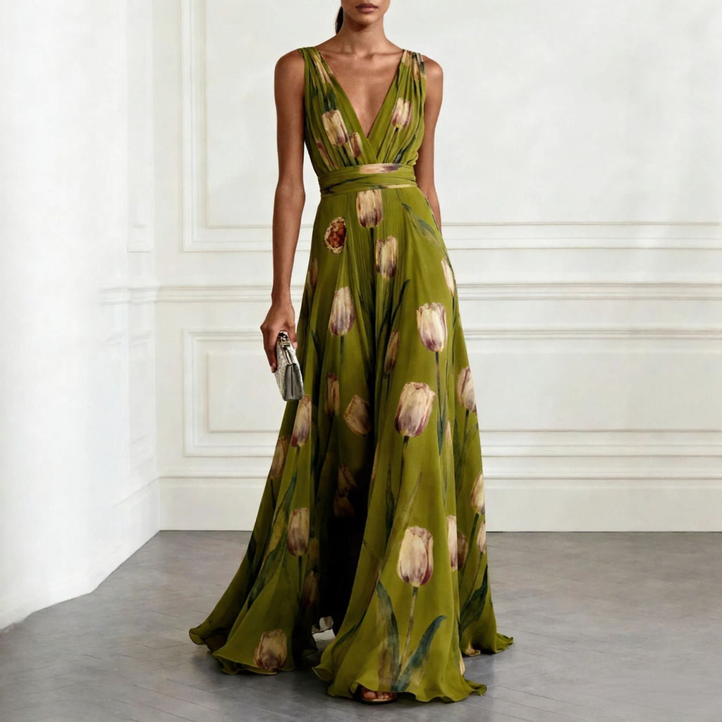 Women's tulip print sleeveless V-neck A-line maxi dress by FitiqueFit in 7 colors, featuring a flowing silhouette and vibrant floral pattern.
