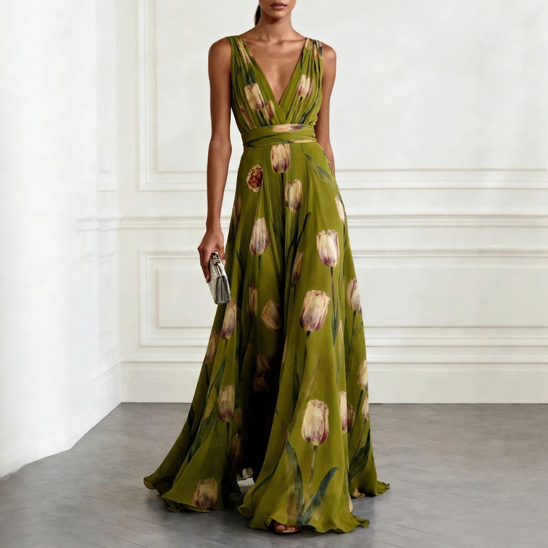 Women's tulip print sleeveless V-neck A-line maxi dress by FitiqueFit in 7 colors, featuring a flowing silhouette and vibrant floral pattern.