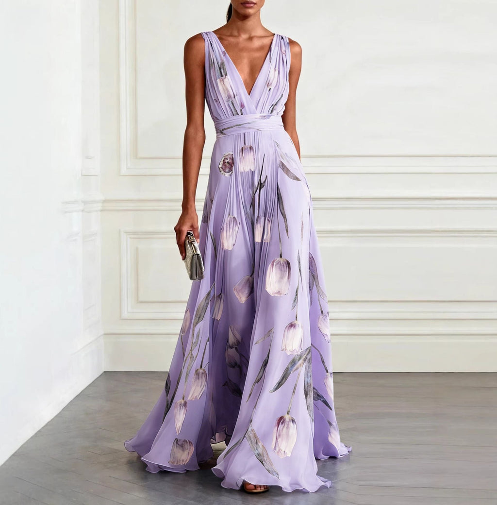 Women's tulip print sleeveless deep V-neck A-line maxi dress by FitiqueFit in 7 colors, shown with flowing fabric and stylish design.