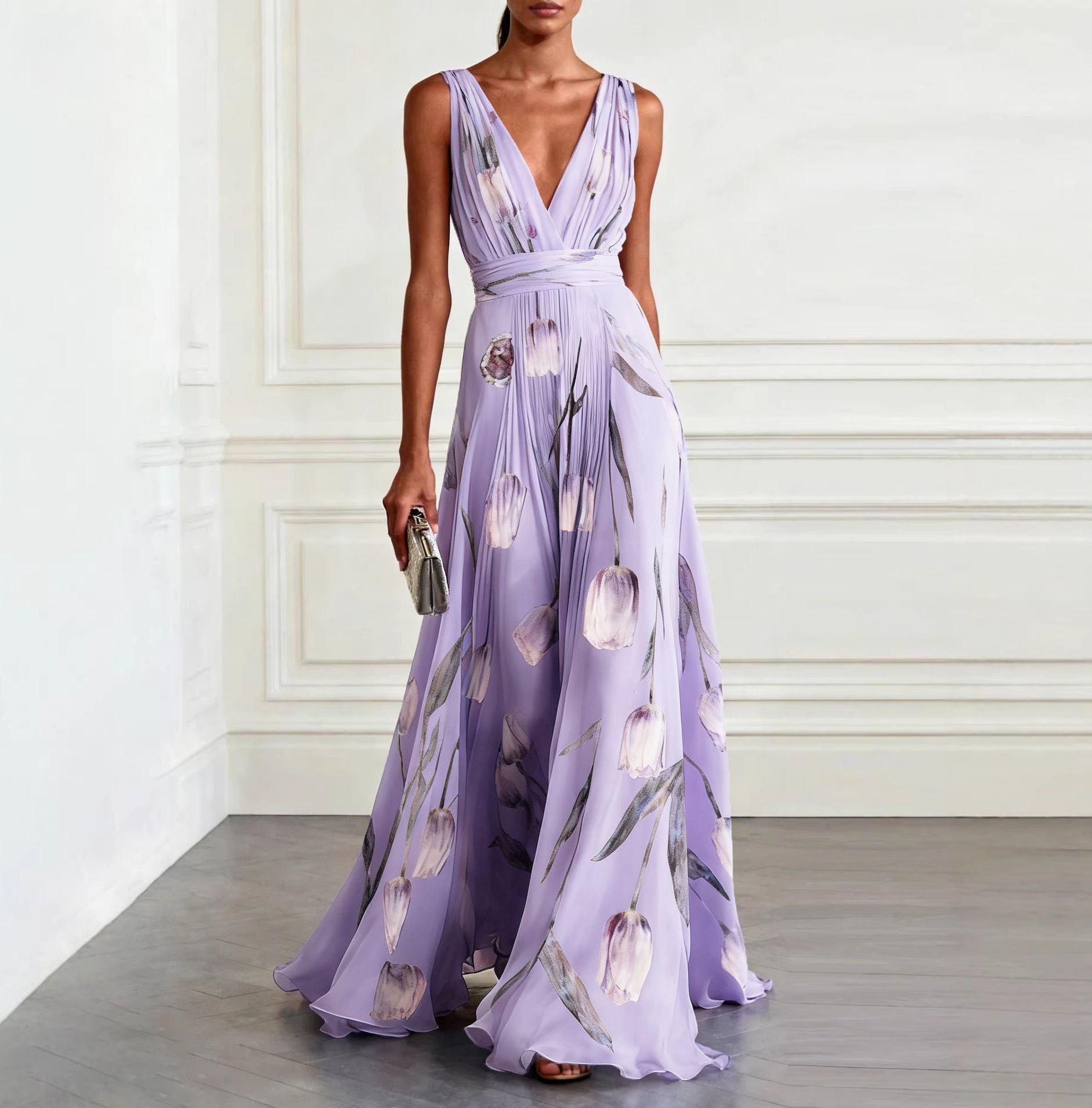 Women's tulip print sleeveless deep V-neck A-line maxi dress by FitiqueFit in 7 colors, shown with flowing fabric and stylish design.