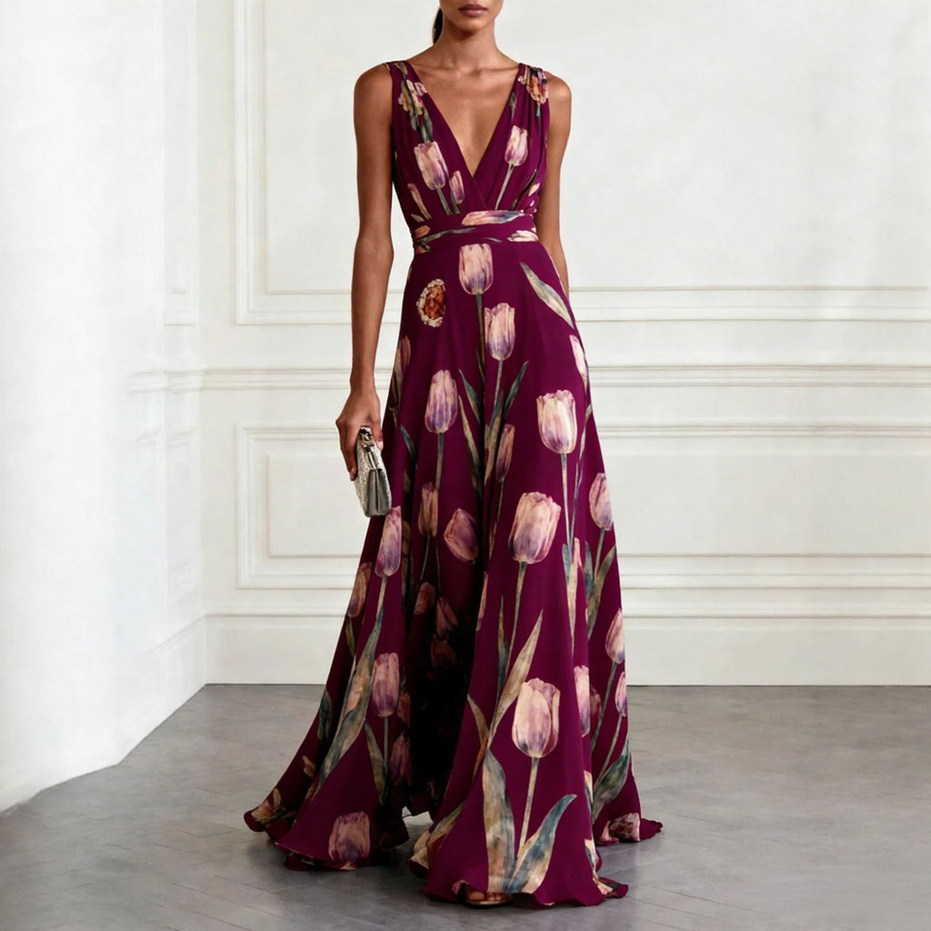 Women's tulip print sleeveless V-neck A-line maxi dress by FitiqueFit, available in 7 colors, featuring a flowy silhouette.