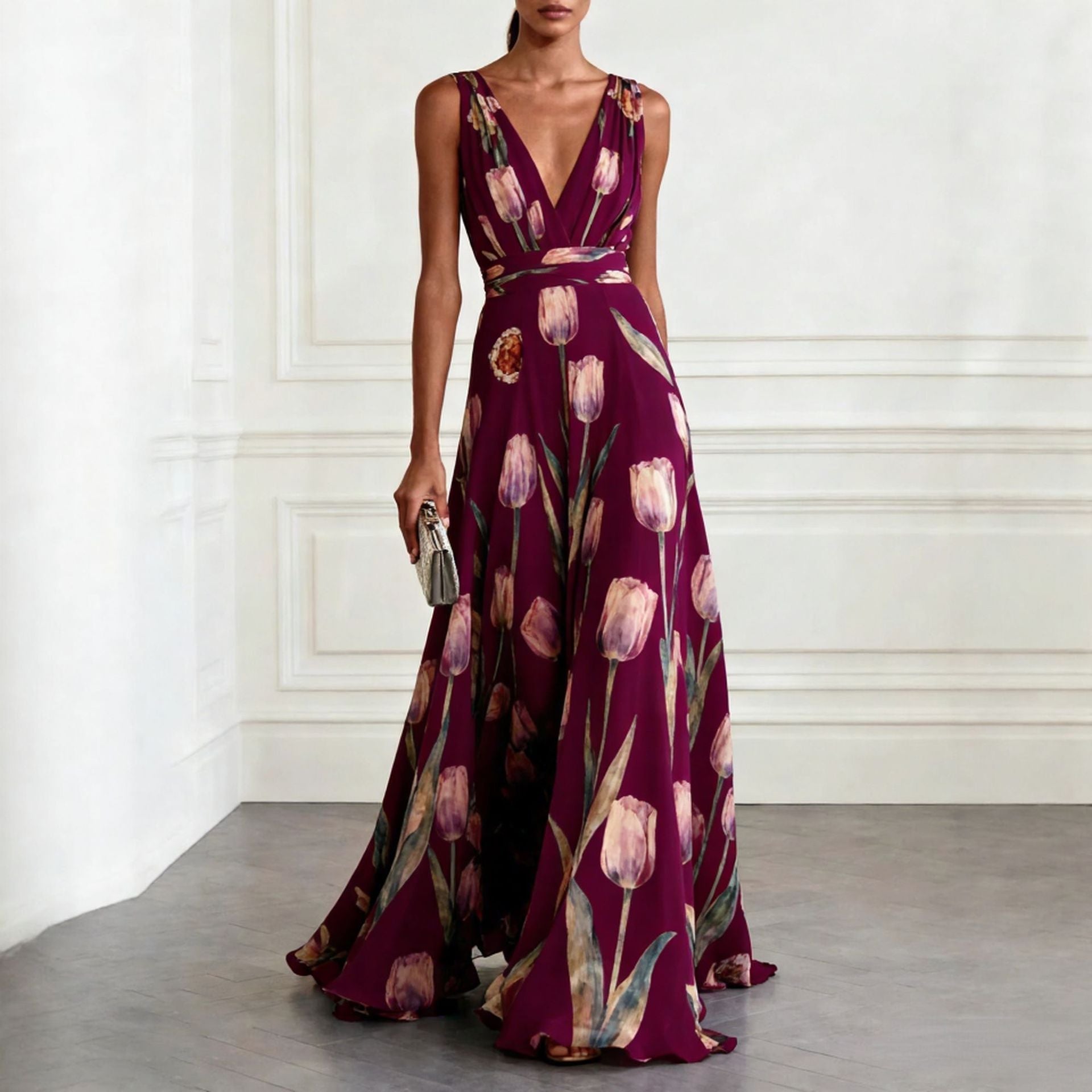 Women's tulip print sleeveless V-neck A-line maxi dress by FitiqueFit, available in 7 colors, featuring a flowy silhouette.