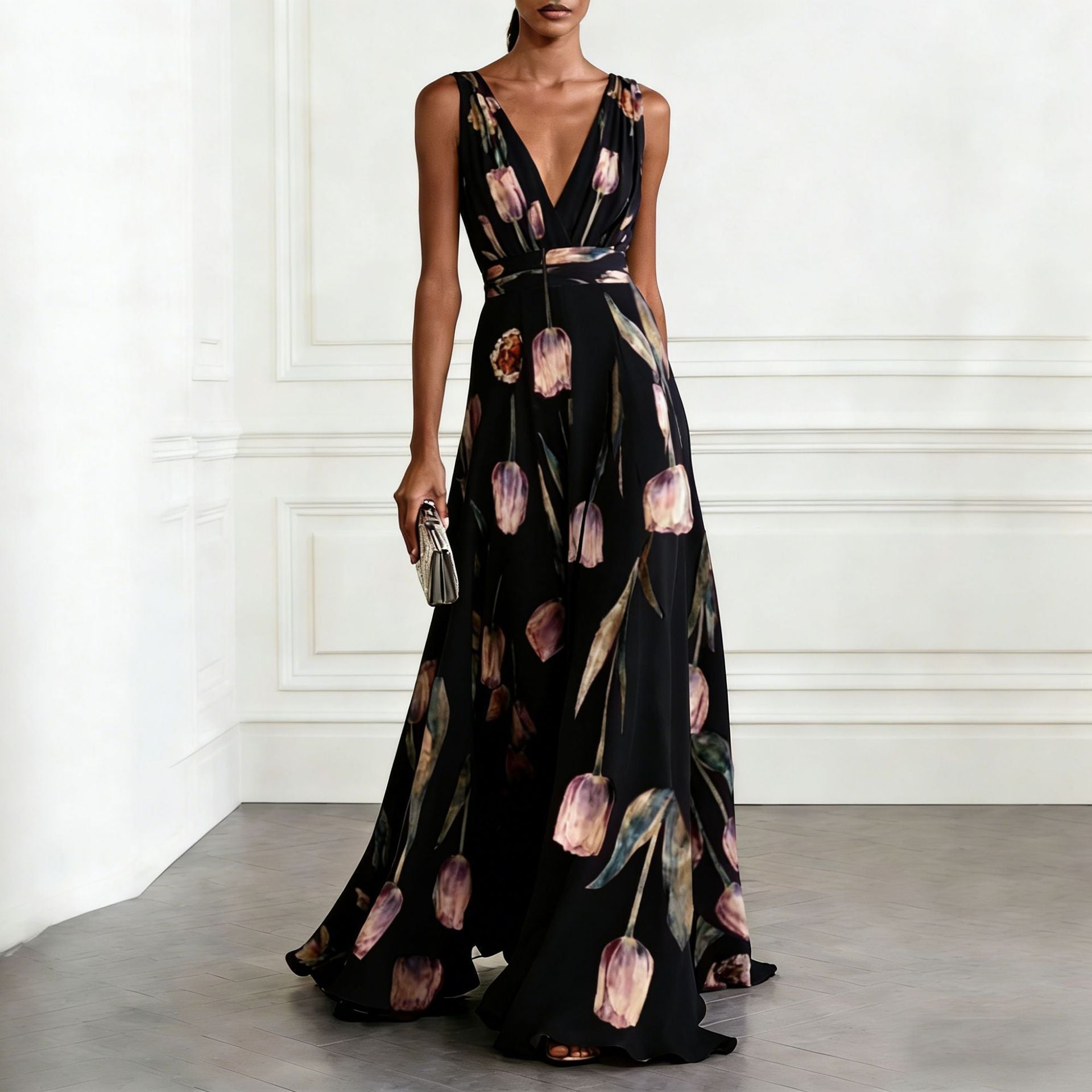 Women's tulip print sleeveless V-neck A-line maxi dress by FitiqueFit in 7 colors, featuring a flowy silhouette and vibrant floral pattern.