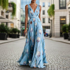 Women's tulip print sleeveless V-neck A-line maxi dress by FitiqueFit, shown in multiple colors with flowing fabric and deep V neckline.