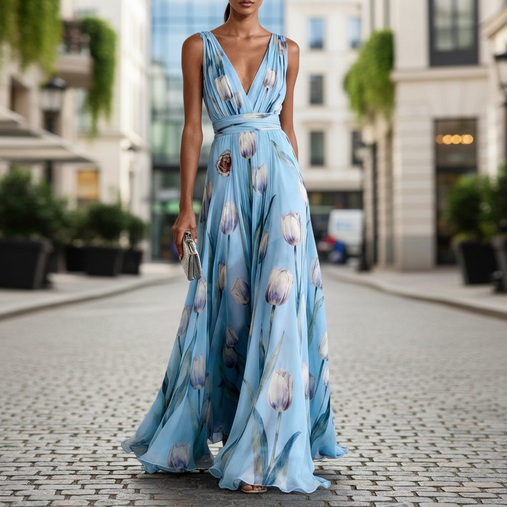 Women's tulip print sleeveless V-neck A-line maxi dress by FitiqueFit, shown in multiple colors with flowing fabric and deep V neckline.