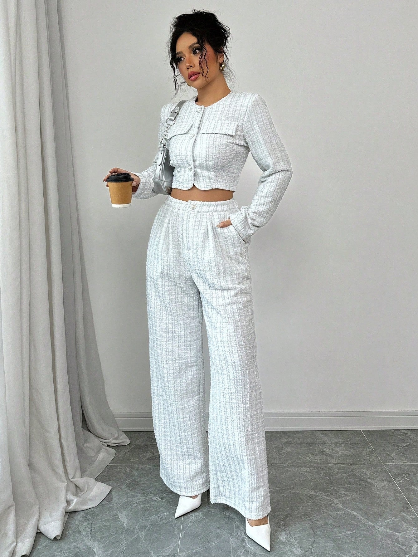 Women’s tweed pearl-button jacket and pants set by FitiqueFit, casualwear with stylish tailored fit and classic textured fabric.