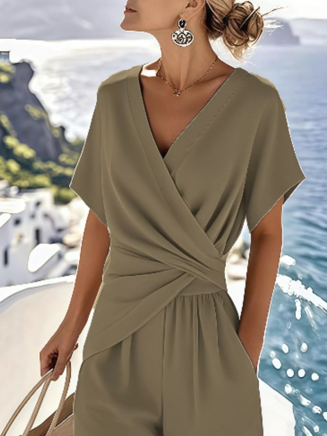 Plus size women's twist-front V-neck lounge set with pockets, featuring soft fabric and comfortable fit, by Trendsi.