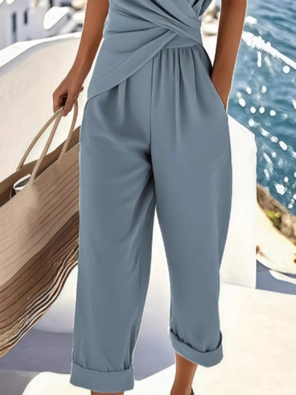 Plus size women's twist-front V-neck lounge set with pockets, featuring comfortable fabric and relaxed fit for casual wear.