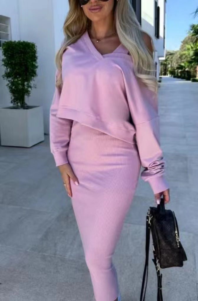 Women's two-piece dress suit with long-sleeved V-neck pullover and sleeveless dress set, stylish fashion outfit for women.