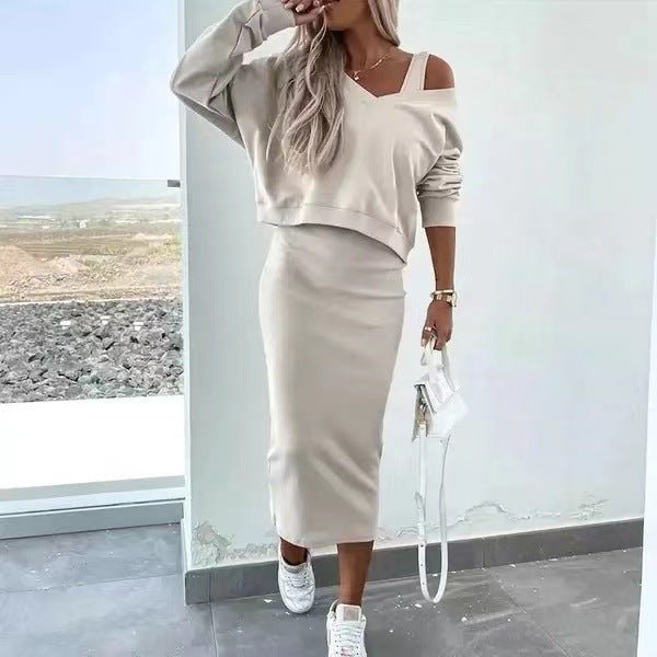 Women's two-piece dress suit by LadyShow with a long-sleeved V-neck sweatshirt and sleeveless dress set, stylish and comfortable.
