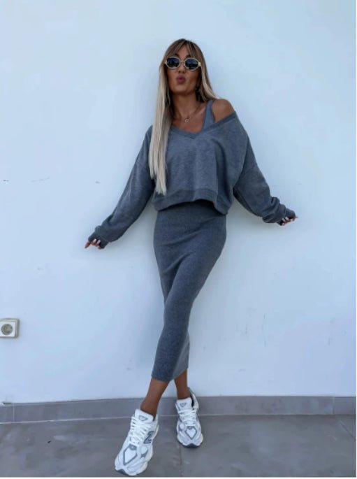 Women's two-piece dress suit by LadyShow.Store featuring a long-sleeved V-neck pullover and sleeveless dress set.