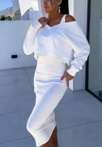 Women's two-piece dress suit with long-sleeved V-neck pullover and sleeveless dress set, stylish fashion by LadyShow.Store.