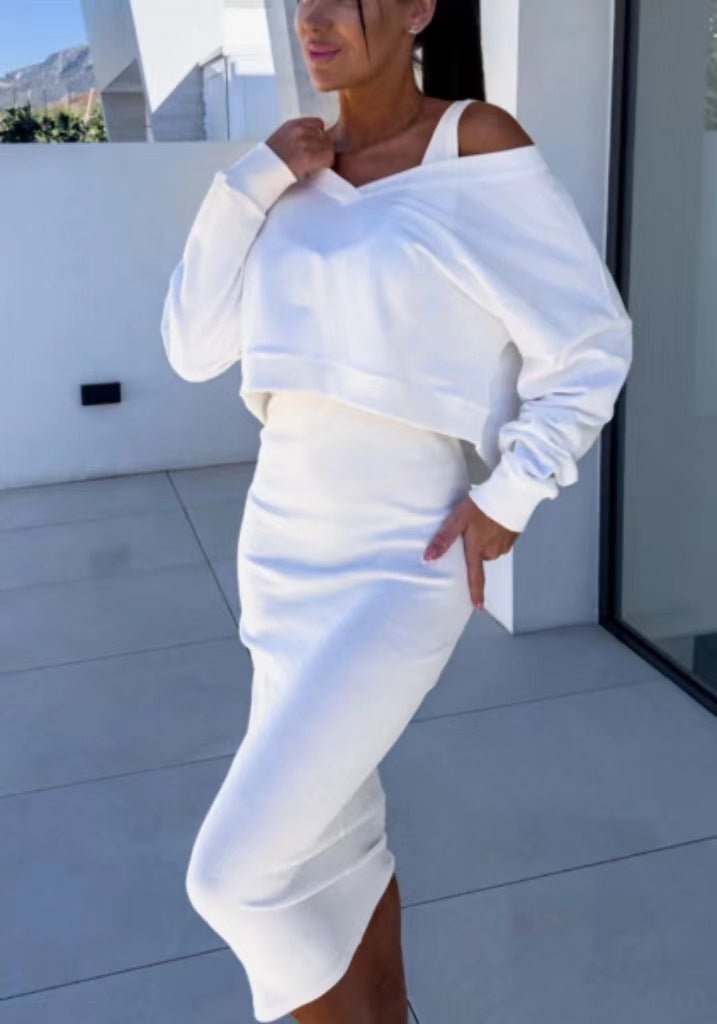 Women's two-piece dress suit with long-sleeved V-neck pullover and sleeveless dress set, stylish fashion by LadyShow.Store.