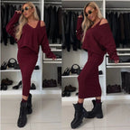 Women's two-piece dress suit from LadyShow featuring a long-sleeved V-neck pullover and sleeveless dress set.