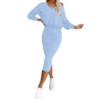Women's two-piece fashion dress suit by LadyShow with a long-sleeved V-neck pullover and sleeveless dress set.