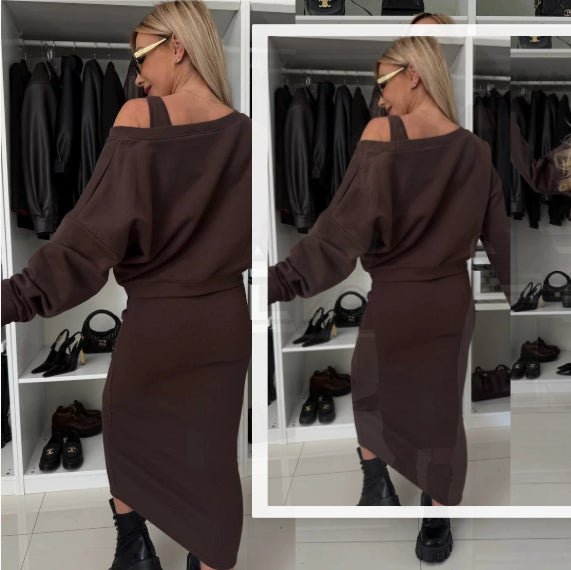 Women's two-piece dress suit by LadyShow featuring a long-sleeved V-neck pullover and sleeveless dress set.