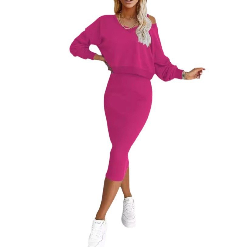 Women's two-piece dress suit by LadyShow featuring a long-sleeved V-neck pullover and sleeveless dress set.