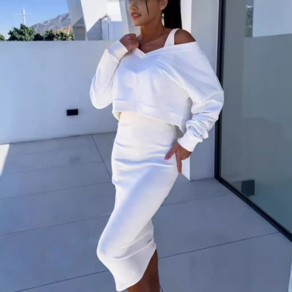 Women's two-piece dress suit by LadyShow.Store featuring a long-sleeved V-neck pullover sweatshirt and sleeveless dress set.