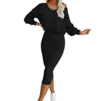 Women's two-piece dress suit by LadyShow featuring a long-sleeved V-neck pullover sweatshirt and sleeveless dress set.