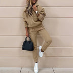 Women's two-piece solid color hooded sweatshirt set by FitiqueFit, featuring a casual hoodie and matching pants for comfortable wear.