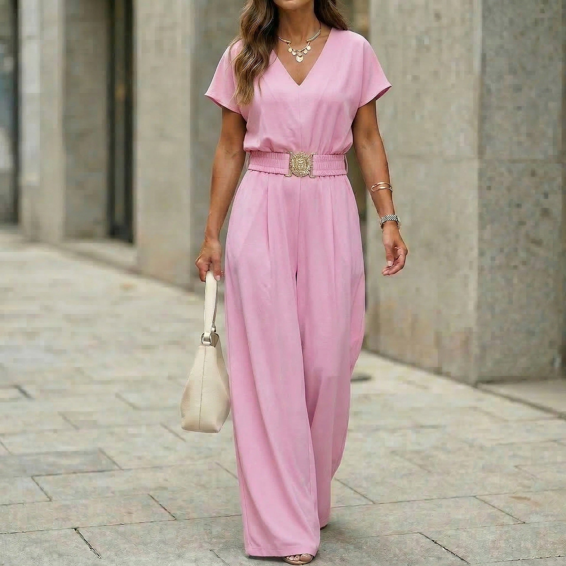 Women's V-neck belted wide-leg jumpsuit by FitiqueFit, casualwear with a flattering V-neck and stylish belt detail.