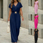 Women's V-neck belted wide-leg jumpsuit by FitiqueFit, casualwear with a relaxed fit and stylish design, shown on a model.