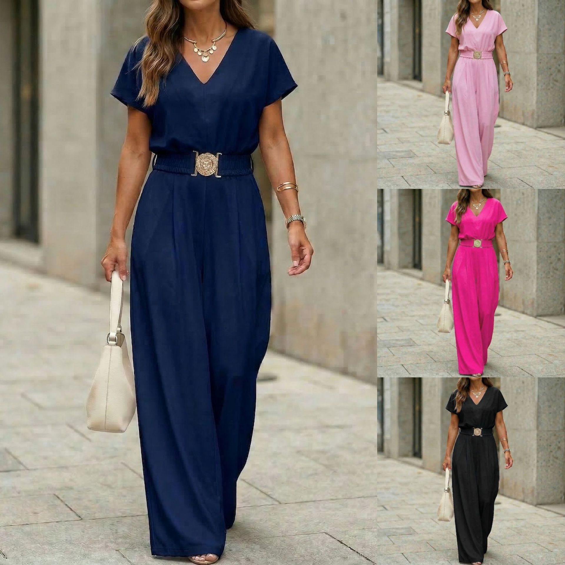 Women's V-neck belted wide-leg jumpsuit by FitiqueFit, casualwear with a relaxed fit and stylish design, shown on a model.