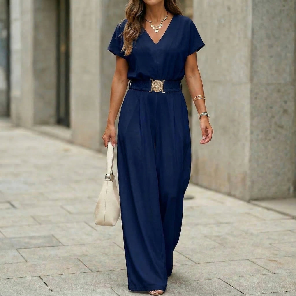 Women's V-neck belted wide-leg jumpsuit by FitiqueFit, casualwear with a relaxed fit and stylish waist belt.