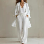 Women's casual three-piece set including a V-neck cardigan coat, pocket vest, and long pants by FitiqueFit.