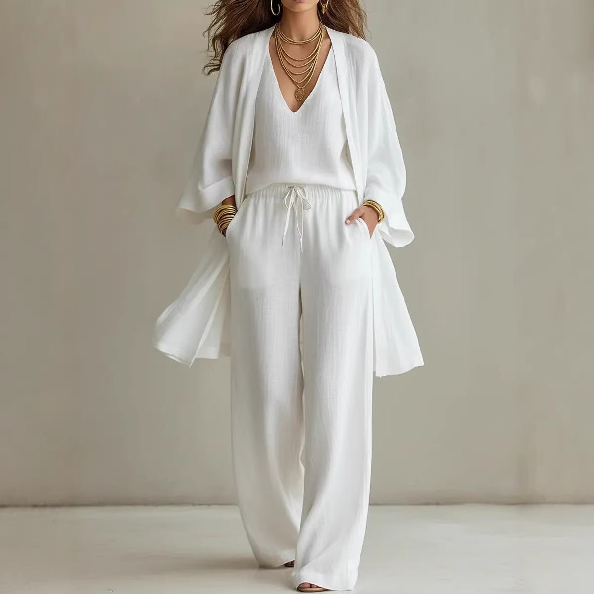 Women's casual three-piece set including a V-neck cardigan coat, pocket vest, and long pants by FitiqueFit.