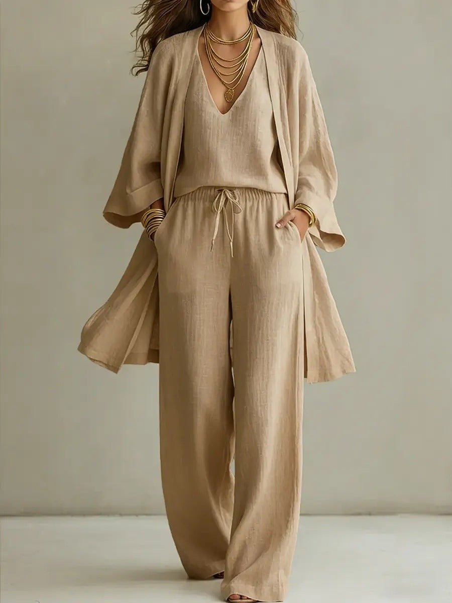 Women's casual V-neck cardigan coat, pocket vest, and long pants three-piece set by FitiqueFit, styled for comfortable everyday wear.