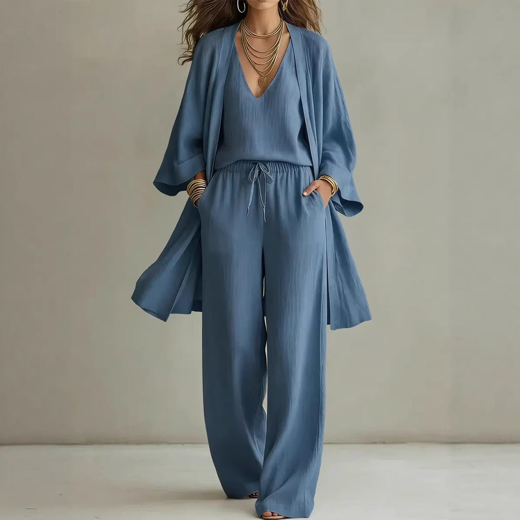 Women's casual three-piece set by FitiqueFit, V-neck cardigan coat, pocket vest, and long pants, stylish and comfortable.