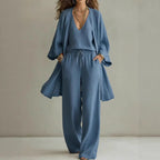 Women's casual three-piece set by FitiqueFit, V-neck cardigan coat, pocket vest, and long pants, stylish and comfortable.
